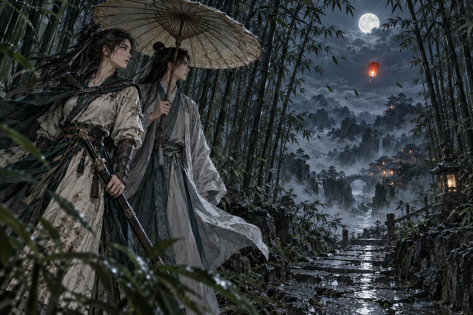 竹林月夜中，女剑客和持伞书生望向远处红灯