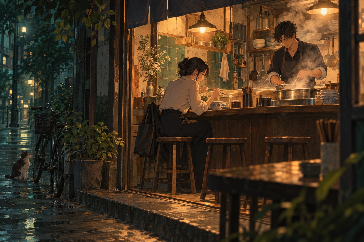 深夜面馆里，厨师为下班的客人煮面