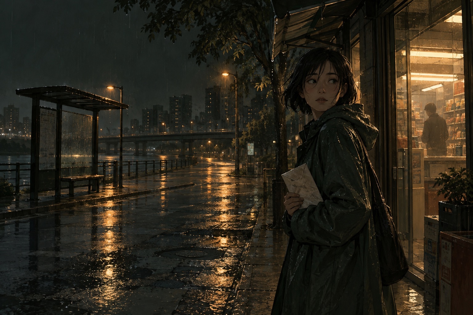 雨夜便利店外，女孩握着一封旧信