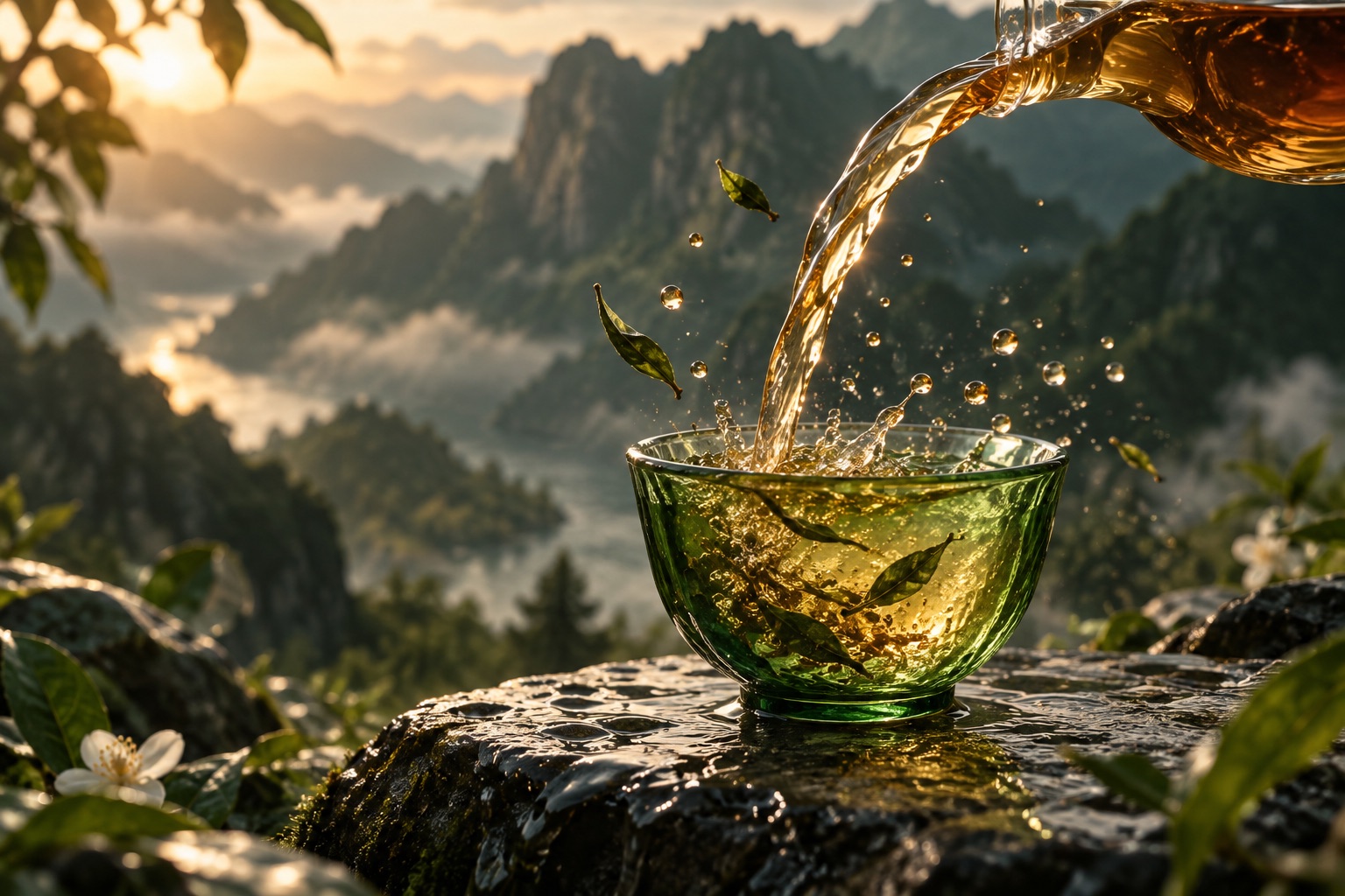 群山前，琥珀色茶汤注入绿色玻璃杯